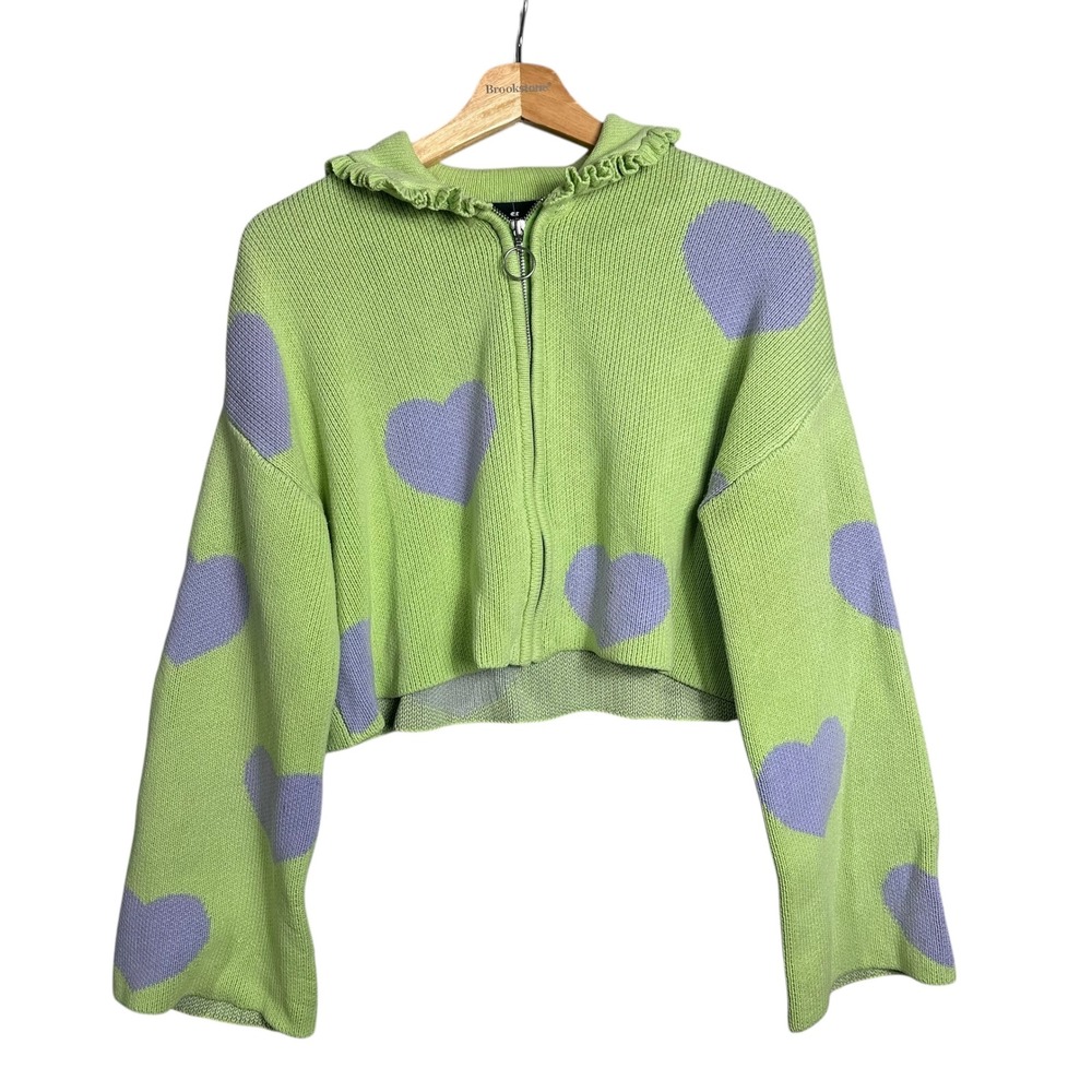 Lazy Oaf Cropped Lime Green Purple Love Me Forever Minty Zip Up Cardigan Sweater